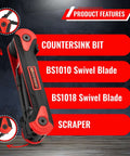 All In One Deburring Tool With Four Built In Blades Fine Tip Knife Narrow And Wide Curved Blades And Chamfer Reamer For Metal Resin PVC Copper Plastic And 3D Printed Edges Burr Removal For Plumbing And 3D Printing, featuring product features labels and highlighted components on tool.