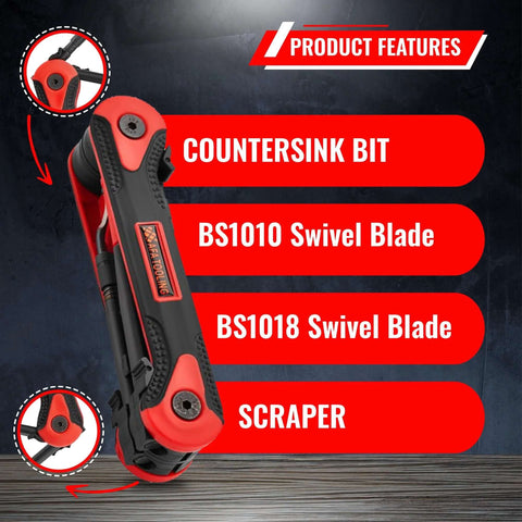All In One Deburring Tool With Four Built In Blades Fine Tip Knife Narrow And Wide Curved Blades And Chamfer Reamer For Metal Resin PVC Copper Plastic And 3D Printed Edges Burr Removal For Plumbing And 3D Printing, featuring product features labels and highlighted components on tool.