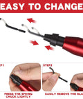 All In One Hand Deburring Tool Kit With Two Countersink Reamers And One Deburring Tool Plus Fifteen Replacement High Speed Steel Swivel Blades For Metal Resin Aluminum Copper Plastic 3D Printing And Wood For DIYers showing blade change instructions