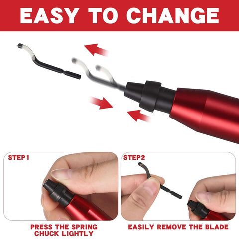 All In One Hand Deburring Tool Kit With Two Countersink Reamers And One Deburring Tool Plus Fifteen Replacement High Speed Steel Swivel Blades For Metal Resin Aluminum Copper Plastic 3D Printing And Wood For DIYers showing blade change instructions
