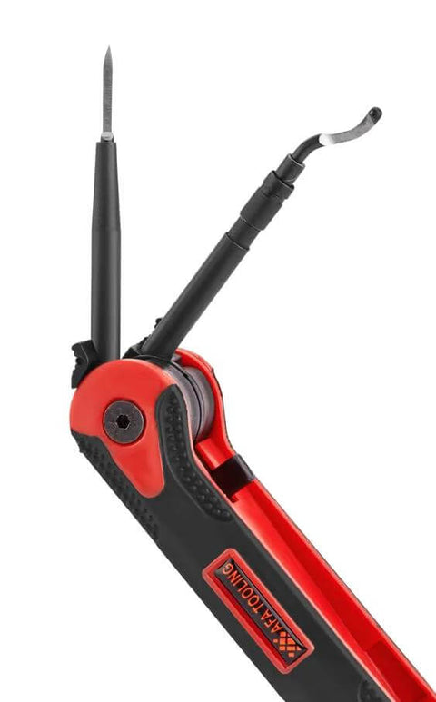All In One Deburring Tool With Four Built In Blades Fine Tip Knife Narrow And Wide Curved Blades And Chamfer Reamer in use