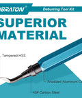 Close-up of deburring tool kit with 11 high speed steel blades and 360 degree rotary head highlighting handle materials.