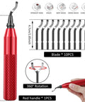 Deburring Tool Kit With 10 Extra Blades And 1 Handle For Precise Burr Removal, shown with red alloy handle and rotating blades