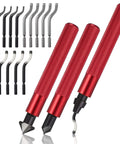 All In One Hand Deburring Tool Kit With Two Countersink Reamers And One Deburring Tool Plus Fifteen Replacement High Speed Steel Swivel Blades For Metal Resin Aluminum Copper Plastic 3D Printing And Wood For DIYers, showing red handles and multiple blades.