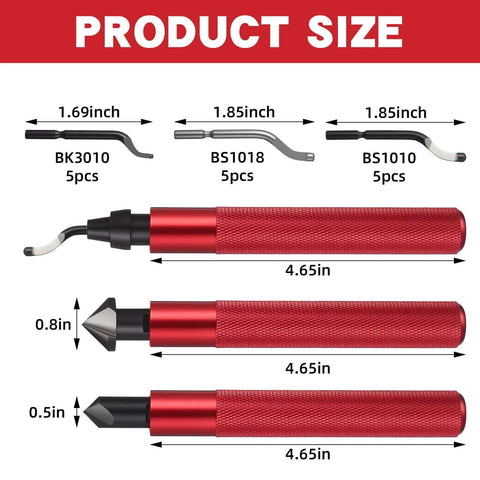 All In One Hand Deburring Tool Kit With Two Countersink Reamers And One Deburring Tool Plus Fifteen Replacement High Speed Steel Swivel Blades For Metal Resin Aluminum Copper Plastic 3D Printing And Wood For DIYers showing product size and parts.