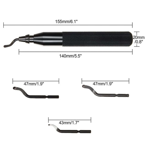 Versatile Deburring Tool Kit Pro Grade With 15 Replaceable High Speed Steel Blades For Three D Printing Resin Plastic Metal Copper And PVC Pipes Includes Storage Case And Three Blade Models BK3010 BS1018 BS1010, shown with handle and blade measurements