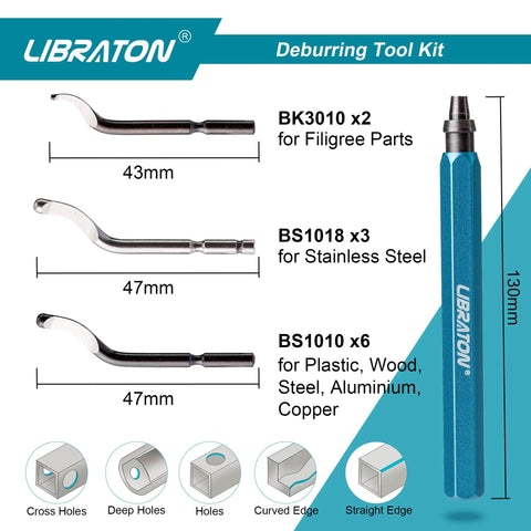 Deburring Tool Kit With 11 High Speed Steel Blades And 360 Degree Rotary Head For Metal Resin Aluminum Copper Plastic Wood And 3D Printing With A 5 Inch Aluminum Handle, showing blade types and sizes.