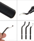 Versatile Deburring Tool Kit Pro Grade With 15 Replaceable High Speed Steel Blades For Three D Printing Resin Plastic Metal Copper And PVC Pipes Includes Storage Case And Three Blade Models BK3010 BS1018 BS1010, showing blade tips and holders.