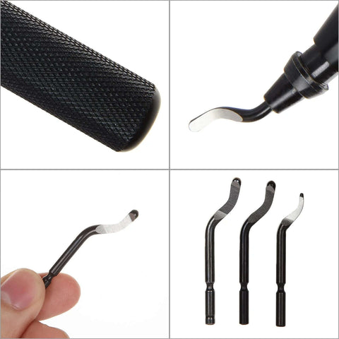 Versatile Deburring Tool Kit Pro Grade With 15 Replaceable High Speed Steel Blades For Three D Printing Resin Plastic Metal Copper And PVC Pipes Includes Storage Case And Three Blade Models BK3010 BS1018 BS1010, showing blade tips and holders.