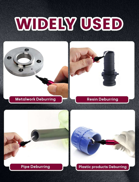 Deburring Tool Kit With 12 HSS Rotary Blades used on metal, resin, pipe, and plastic surfaces.