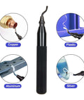 Versatile Deburring Tool Kit Pro Grade With 15 Replaceable High Speed Steel Blades For Three D Printing Resin Plastic Metal Copper And PVC Pipes Includes Storage Case And Three Blade Models BK3010 BS1018 BS1010 with inserts showing uses on copper, plastic, aluminum, and silver.