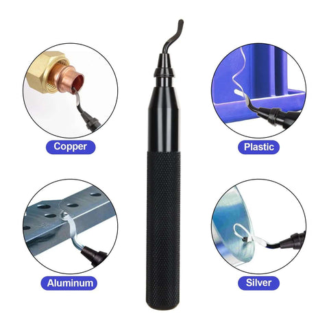 Versatile Deburring Tool Kit Pro Grade With 15 Replaceable High Speed Steel Blades For Three D Printing Resin Plastic Metal Copper And PVC Pipes Includes Storage Case And Three Blade Models BK3010 BS1018 BS1010 with inserts showing uses on copper, plastic, aluminum, and silver.