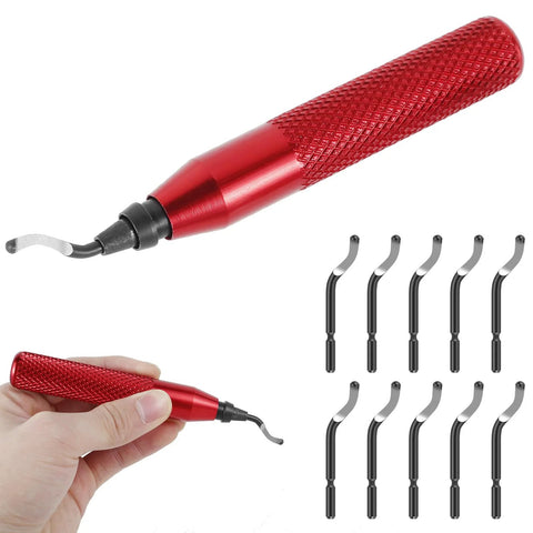 Deburring Tool Kit With 10 Extra Blades And 1 Handle for Precise Burr Removal, showcasing alloy edge trimmer and red handle