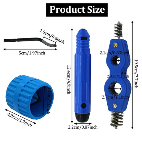 All In One Deburring Tool Kit With 11 High Speed Steel Blades And Storage Handle Includes 2 Copper Pipe Cleaners And Reamer Set Burr Remover Hand Tool For Wood Aluminum Copper And Plastic with dimensions shown