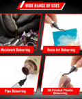 Deburring tool with micro polished anodized aluminum handle and high speed steel M2 blades used on metal, resin, pipe, plastic.