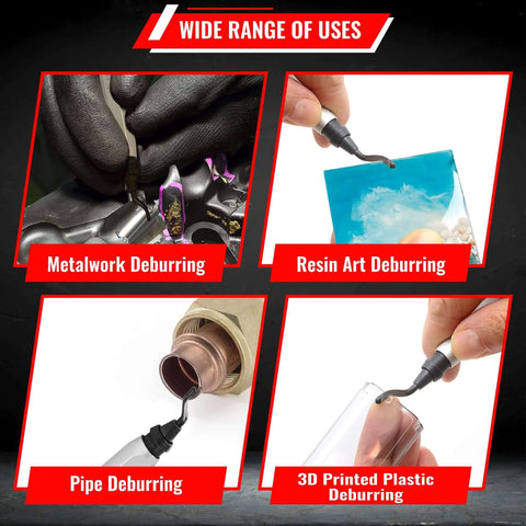 Deburring tool with micro polished anodized aluminum handle and high speed steel M2 blades used on metal, resin, pipe, plastic.