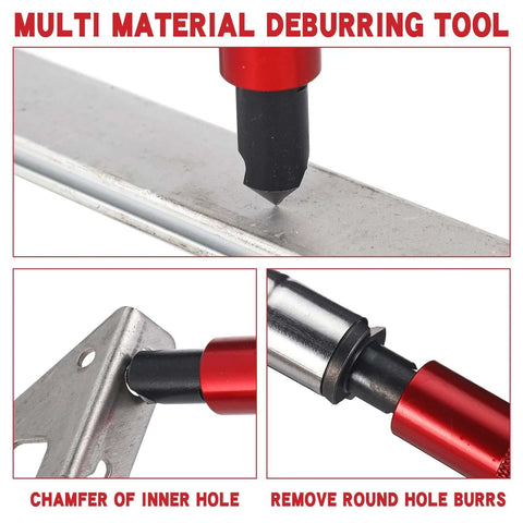 All In One Hand Deburring Tool Kit With Two Countersink Reamers And One Deburring Tool Plus Fifteen Replacement High Speed Steel Swivel Blades For Metal Resin Aluminum Copper Plastic 3D Printing And Wood For DIYers shown deburring holes in metal pieces.