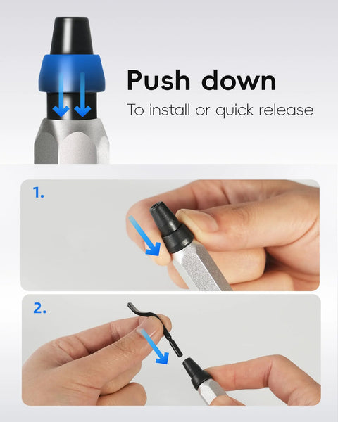 Installation steps for 11 Blade Deburring Tool with Premium High Speed Steel Blades shown with ergonomic aluminum handle close-up.