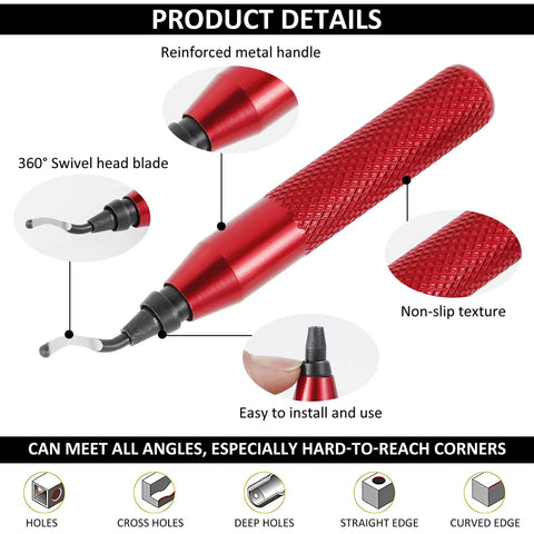 Deburring Tool Kit With 10 Extra Blades And 1 Handle For Precise Burr Removal showing red handle and swivel blade