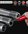 Deburring Tool Kit With 10 Extra Blades And 1 Handle for Precise Burr Removal on metal pipes, shown in use on aluminum alloy surfaces.