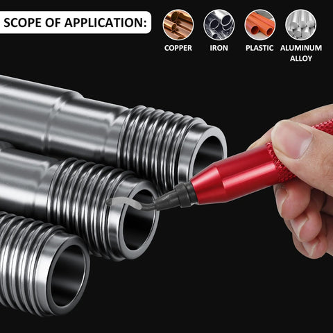 Deburring Tool Kit With 10 Extra Blades And 1 Handle for Precise Burr Removal on metal pipes, shown in use on aluminum alloy surfaces.