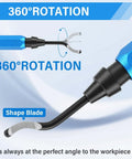 Close-up of Deburring Tool Set With 15 High Speed Steel Swivel Blades For Metal Resin Copper Plastic PVC Pipes And 3D Printing Burr Removal Blue Handle Kit With Case And Replacement Blades showing 360-degree rotation feature.