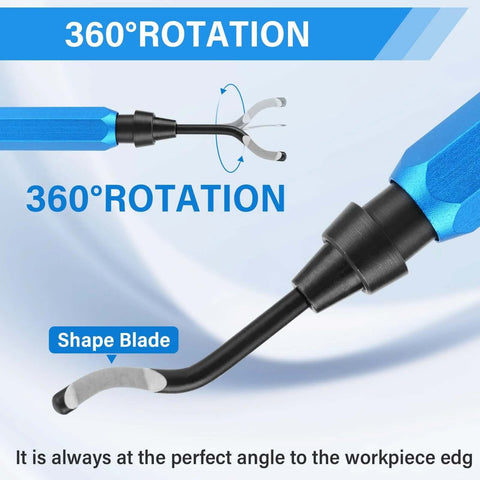 Close-up of Deburring Tool Set With 15 High Speed Steel Swivel Blades For Metal Resin Copper Plastic PVC Pipes And 3D Printing Burr Removal Blue Handle Kit With Case And Replacement Blades showing 360-degree rotation feature.