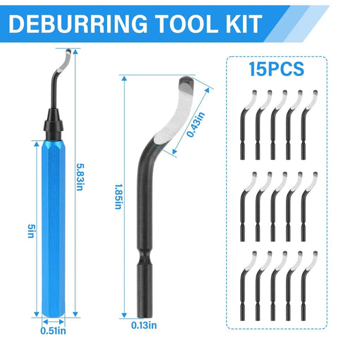 Deburring Tool Set With 15 High Speed Steel Swivel Blades For Metal Resin Copper Plastic PVC Pipes And 3D Printing Burr Removal Blue Handle Kit With Case And Replacement Blades