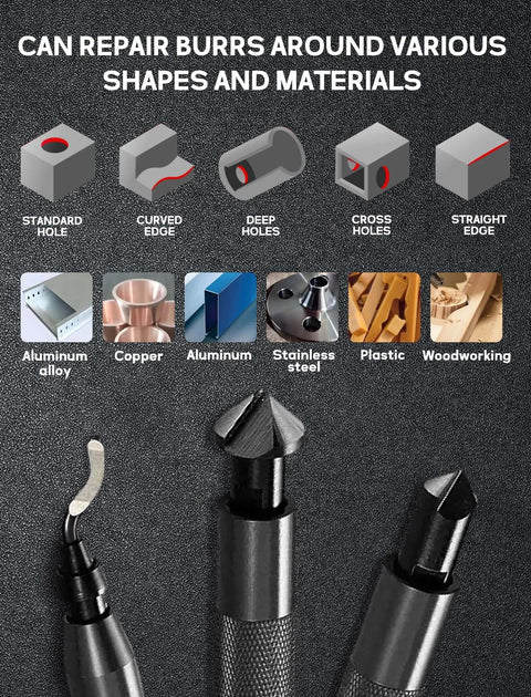 Diagram of shapes and materials for burr repair using Two Submerged Hand Reamers Deburring Tool Set With Ten Spare BS1010 Type Blades.