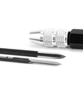 3 Piece Scraper Deburring Tool Set With Adjustable Trimming Blade Triangular Trimmer Pencil Steel Cutter For Fabrication Reaming And Material Removal Plastic Metal Aluminum Pipe Resin 3D Printing Projects Kit Includes SC1300 Handle D5010 BT8001 Scrapers, close-up of blades and handle.