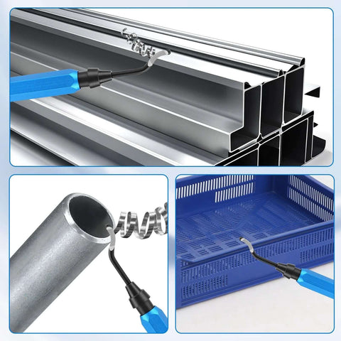 Deburring Tool Set With 15 High Speed Steel Swivel Blades For Metal Resin Copper Plastic PVC Pipes And 3D Printing Burr Removal Blue Handle Kit With Case And Replacement Blades in use on metal and plastic materials.