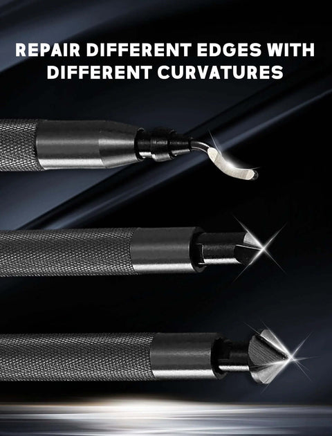 Close-up of Two Submerged Hand Reamers Deburring Tool Set with Ten Spare BS1010 Type Blades for metal, plastic, and 3D printing.