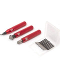 Deburring Tool With Swivel Head And 11 Blades Plus 2 Countersink Hand Reamers; tools and blades laid out on white background.