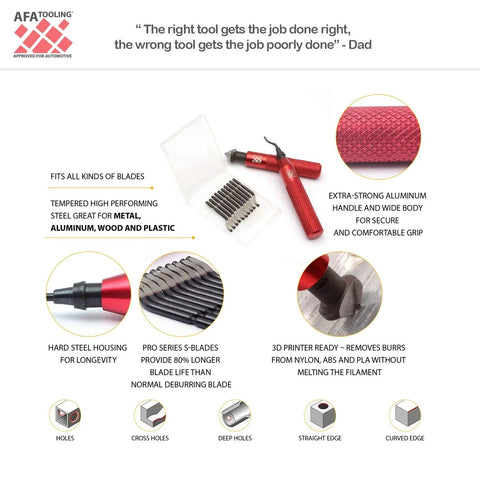 Deburring Tool With Swivel Head And 11 Blades Plus 2 Countersink Hand Reamers for metal, plastic, PVC, and 3D printing burr removal.