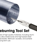 3 Piece Scraper Deburring Tool Set With Adjustable Trimming Blade used on metal pipe for fabrication and reaming.