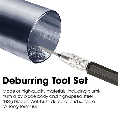 3 Piece Scraper Deburring Tool Set With Adjustable Trimming Blade used on metal pipe for fabrication and reaming.