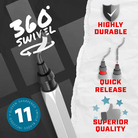 Illustration of a deburring tool with 360 swivel feature, showing highly durable, quick release, and superior quality.