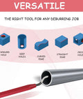 Pro Grade Reaming Pen For Replacement With Heat Treated Blades And Black Oxide All Metal Design 360 Degree Rotary Head Deburring Tool For Metals Copper Tubes PVC Aluminum Brass Cast Iron 3D Printing Resins And Plastic No Fuss illustration showing tool applications.