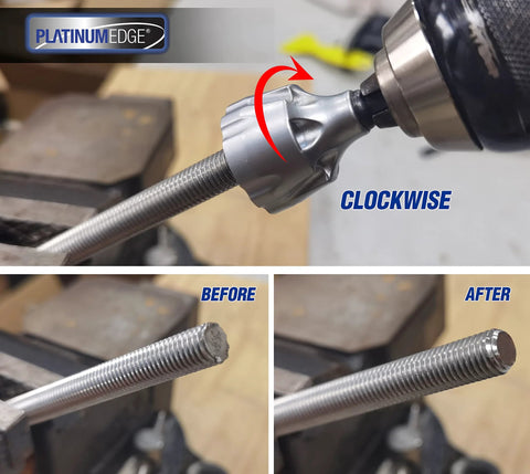 External Chamfer Deburring Tool With YG8 Carbide Blade And Quick Release Hex Shank demonstrating burr removal on threaded rod.