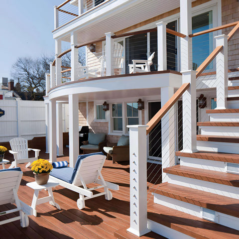 Modern deck with cable railing system using Long Stud 1/8 Inch For HandiSwage Cable Infill Systems Pack Of 2 on staircase.