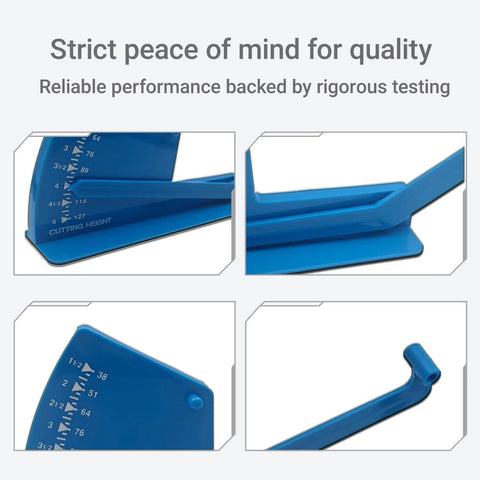 Universal Deck Leveling Gauge For John Deere And Major Mower Brands DIY Friendly Deck Alignment Tool For AM130907 TY15272 490 900 0041 Cub Cadet Troy-Bilt Stens 750-442 MOK30-0015 1 Pack showing different views of the blue tool.