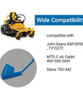Universal Deck Leveling Gauge For John Deere And Major Mower Brands DIY Friendly Deck Alignment Tool For AM130907 TY15272 displayed with a mower and compatibility details.