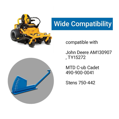 Universal Deck Leveling Gauge For John Deere And Major Mower Brands DIY Friendly Deck Alignment Tool For AM130907 TY15272 displayed with a mower and compatibility details.