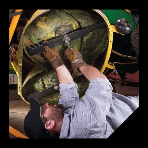 Person using Deck Leveling Gauge For Small Engine Mowers Get Even Cuts Longer Deck Life Safer Performance Universal Fit tool