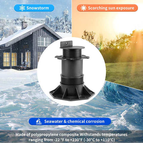 10 Pack Adjustable Deck Pedestals For Floor Lift And Deck Support Elevation Raising Platform Height From Two And Three Eighths Inches To Five And A Half Inches Black UV Resistant Polypropylene Composite Outdoor Decking Pedestals For Concrete Or Wood