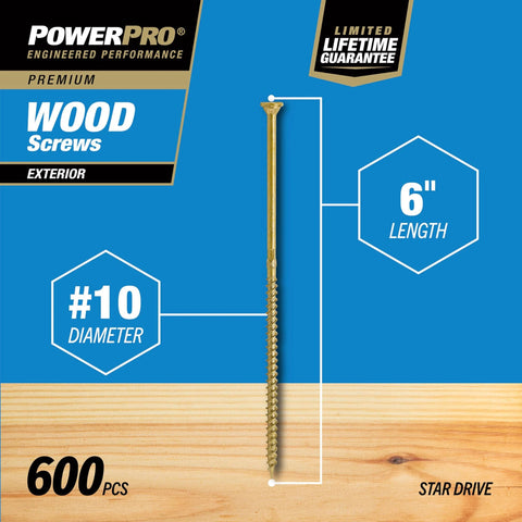 Power Pro Premium Exterior Wood Screws, #10 x 6 Inch, 600 Pieces, for Outdoor Projects, T-25 Star Bit Included, Bronze
