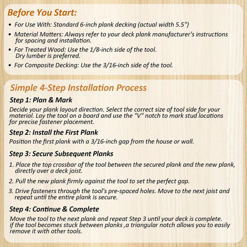 Installation instructions for Steel Deck Spacer Tool 2 In 1 Board Spacer With One Eighth Inch And Three Sixteenth Inch Gap Sides
