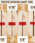 Six Piece Deck Spacer Tool Set With Four Size X Shaped Spacers For One Sixteenth One Eighth Three Sixteenths One Quarter Inch Gaps On Composite Or Pressure Treated Wood ABS Plastic Red Deck Spacers For Clean Even Gaps And Faster Deck Building showing precise spacing between wooden planks