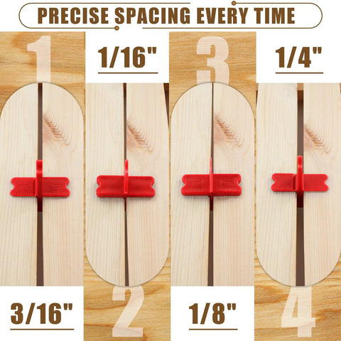 Six Piece Deck Spacer Tool Set With Four Size X Shaped Spacers For One Sixteenth One Eighth Three Sixteenths One Quarter Inch Gaps On Composite Or Pressure Treated Wood ABS Plastic Red Deck Spacers For Clean Even Gaps And Faster Deck Building showing precise spacing between wooden planks