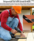 Man using Steel Deck Spacer Tool 2 In 1 Board Spacer With One Eighth Inch And Three Sixteenth Inch Gap Sides For Five And One Half Inch Deck Boards Board Jig Spacer For Treated Wood Or Composite Decking Black One Pack on a deck.